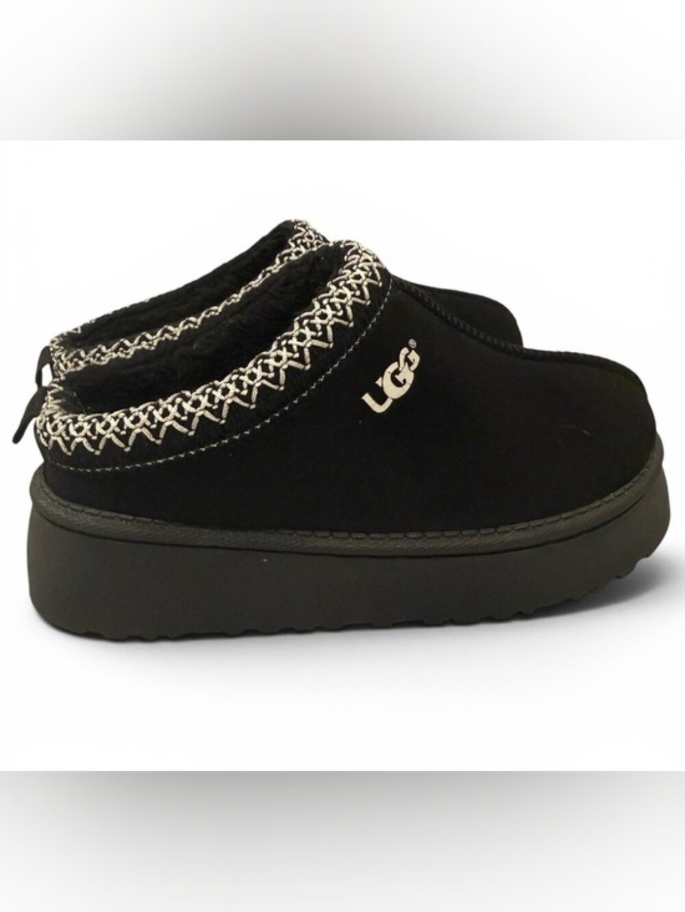UGG Black Suede Embroidered Platform Tasman Slippers Mules Size 7 / EU 38